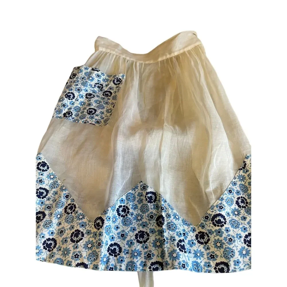 Two Vintage 60s Sheer Half Aprons Pink Blue Floral Print